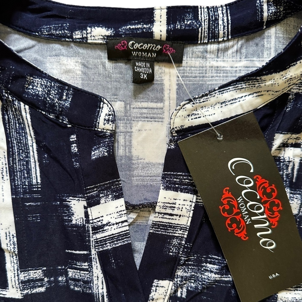 COCOMO 3X Blue White Plus Size elbow sleeve women's Blouse top tun… - Picture 6 of 10